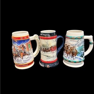 Set of Three Vintage (1990, 1993, 1999) Budweiser Holiday Steins